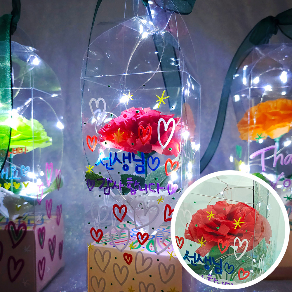 반짝반짝 LED 종이 꽃 카네이션 투명상자 - 빨간색