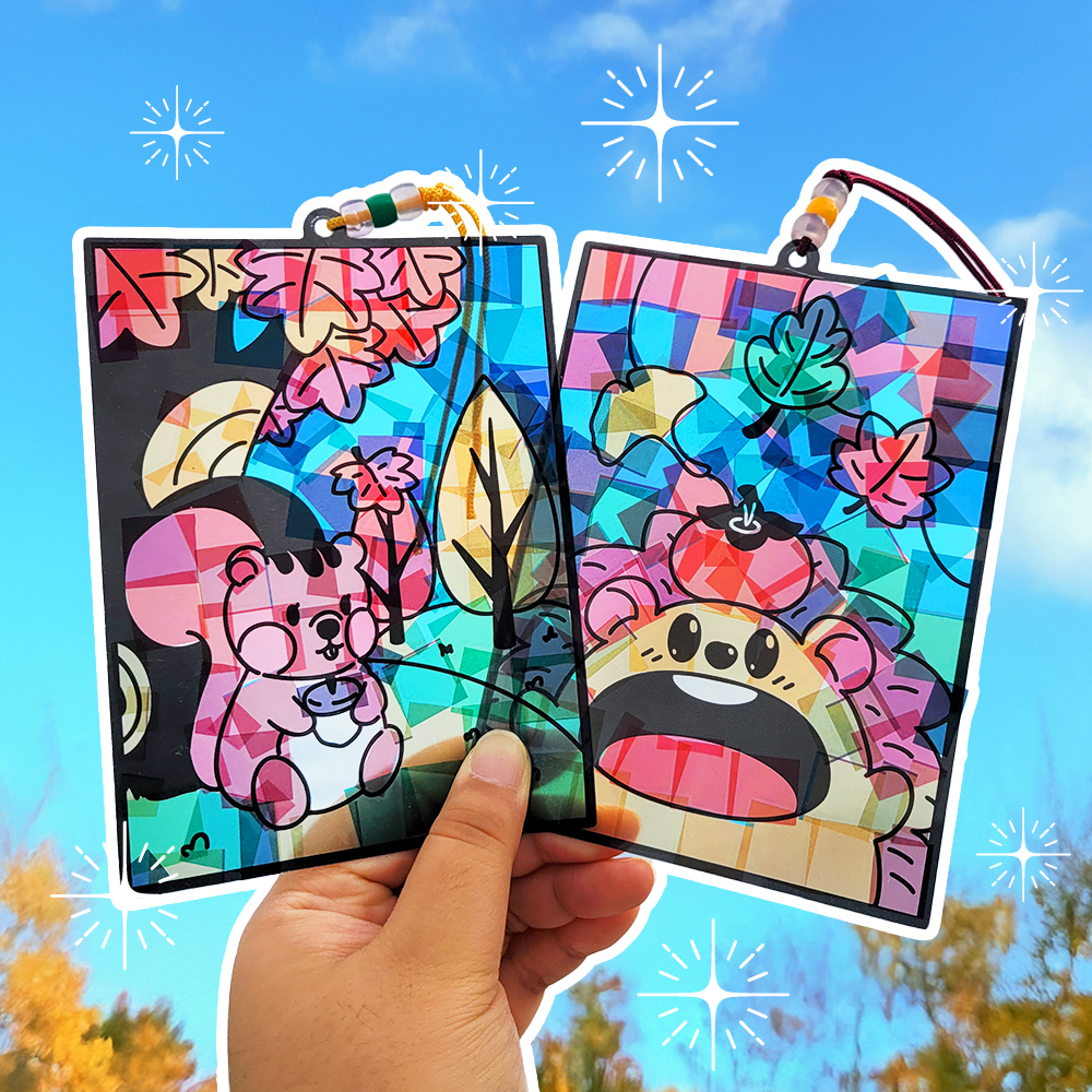 가을 풍경 다람쥐 투명 모자이크 스티커 썬캐쳐 만들기 키트 / 창의미술 낙엽 단풍 DIY 꾸미기 썬캐처 모빌 고슴도치