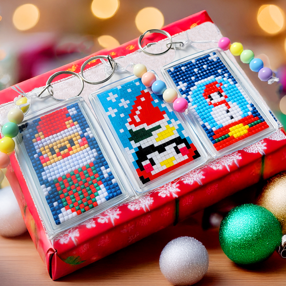크리스마스 사각 보석십자수 가방고리 비즈 키링 만들기 키트 / 열쇠고리 DIY 키홀더 가방키링 눈사람 산타 모자 큐빅 도안