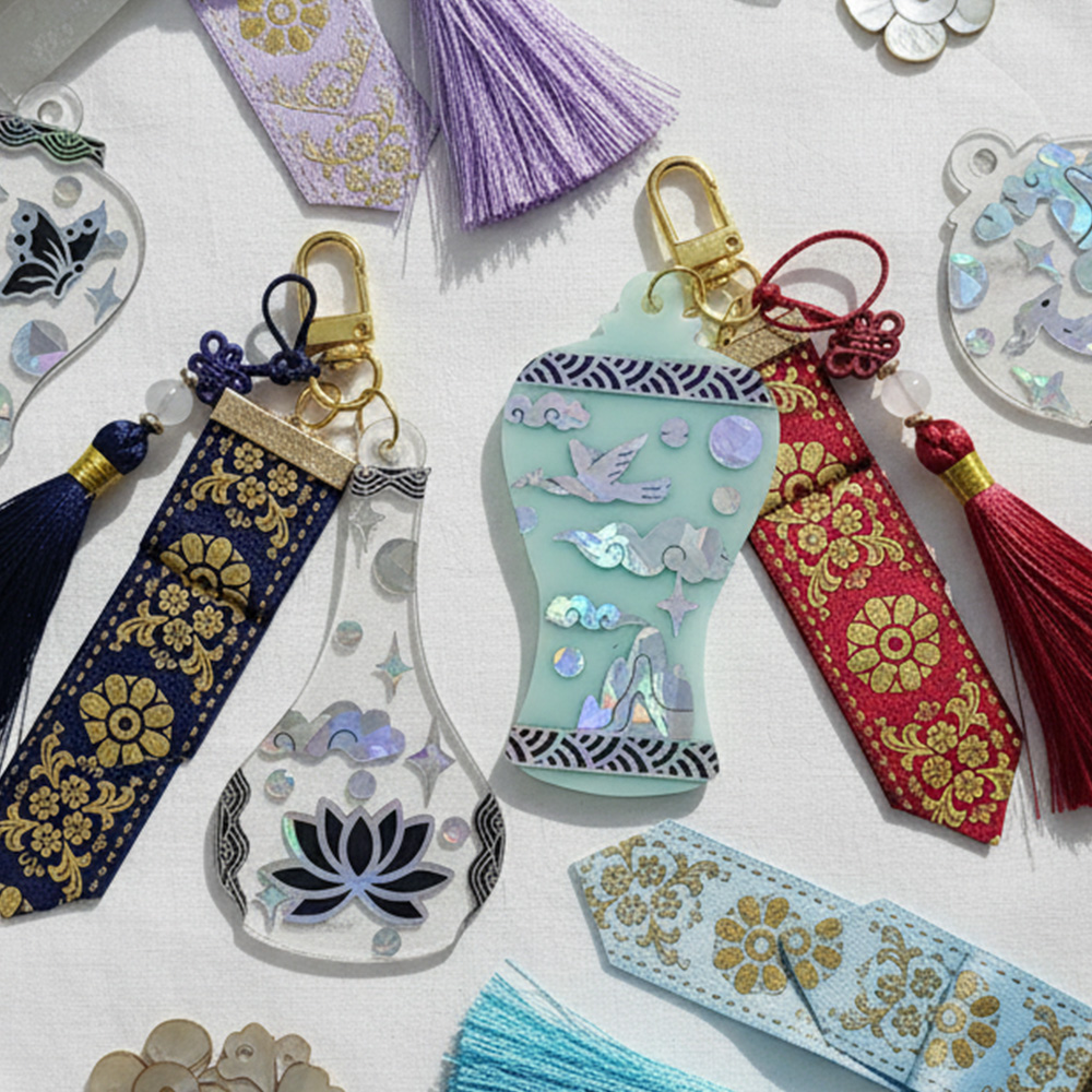 자개공예 DIY 전통 자개느낌 스티커 도자기 모양 댕기 키링 만들기 키트 / 외국인선물 한국기념품 자개공방 악세서리 가방고리