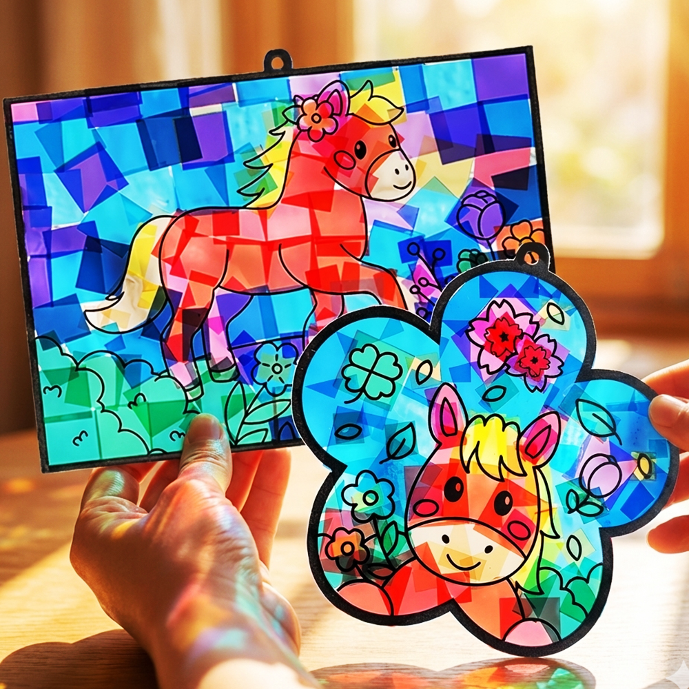 봄만들기 미술활동 꽃 풍경 말 액자 투명 모자이크 스티커 썬캐쳐 만들기 키트 / 벚꽃 미술놀이 창의미술 신학기 새학기 돌봄교실 늘봄교실 미술재료 DIY